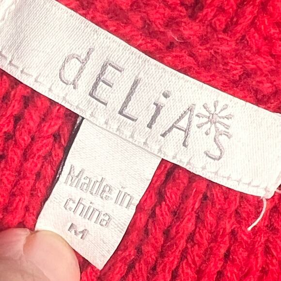 Delias Size Medium Red Crop Cable Knit Sweater High Low Hem Wide Neck Soft Y2K - Picture 6 of 7